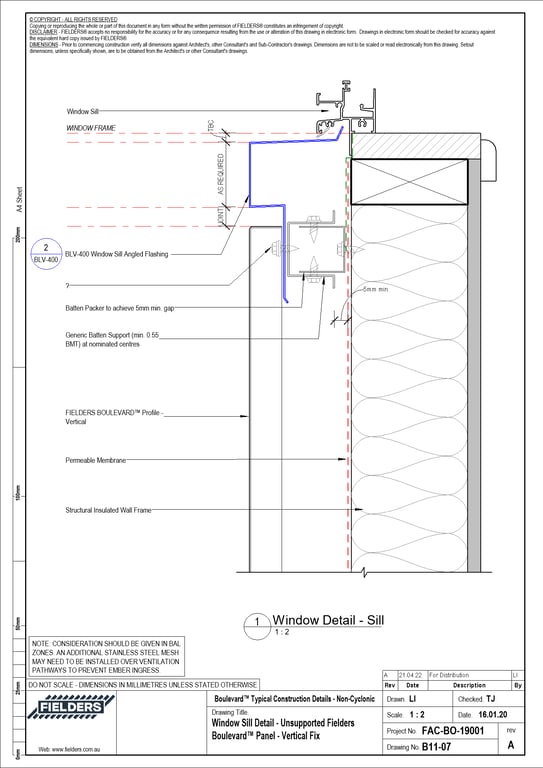 Navigate to B11-07 - Window Sill Detail - Unsupported Fielders Boulevard™ Panel - Vertical Fix