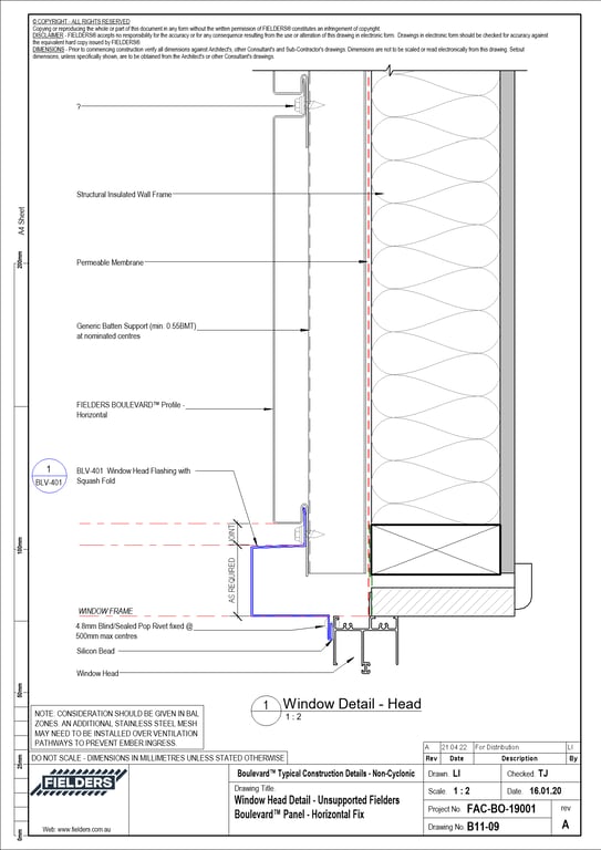 Navigate to B11-09 - Window Head Detail - Unsupported Fielders Boulevard™ Panel - Horizontal Fix