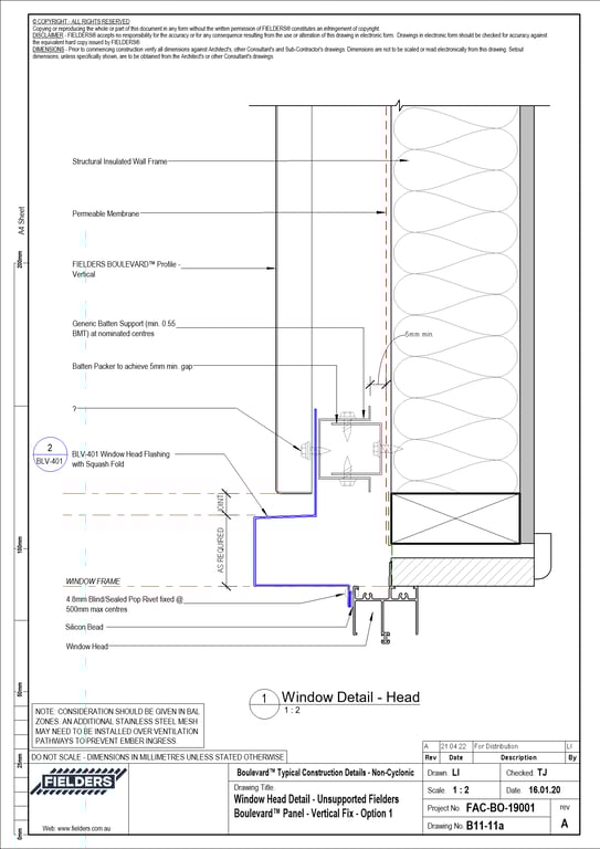 Navigate to B11-11a - Window Head Detail - Unsupported Fielders Boulevard™ Panel - Vertical Fix - Option 1
