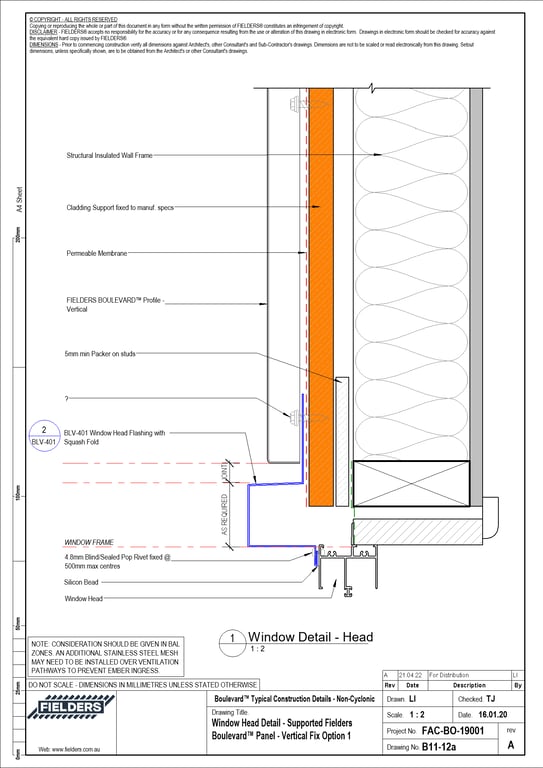  Image of B11-12a - Window Head Detail - Supported Fielders Boulevard™ Panel - Vertical Fix Option 1