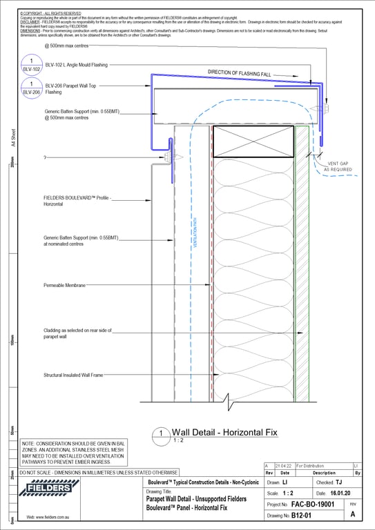 Navigate to B12-01 - Parapet Wall Detail - Unsupported Fielders Boulevard™ Panel - Horizontal Fix