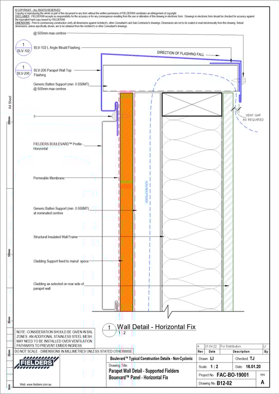 Navigate to B12-02 - Parapet Wall Detail - Supported Fielders Bouevard™ Panel - Horizontal Fix