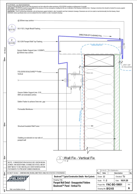 B12-03 - Parapet Wall Detail - Unsupported Fielders Boulevard™ Panel - Vertical Fix
