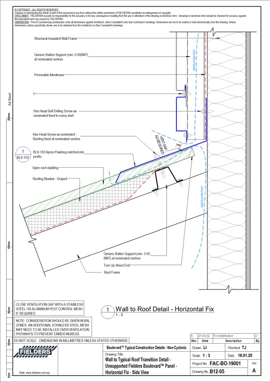Navigate to B12-05 - Wall to Typical Roof Transition Detail - Unsupported Fielders Boulevard™ Panel - Horizontal Fix - Side View
