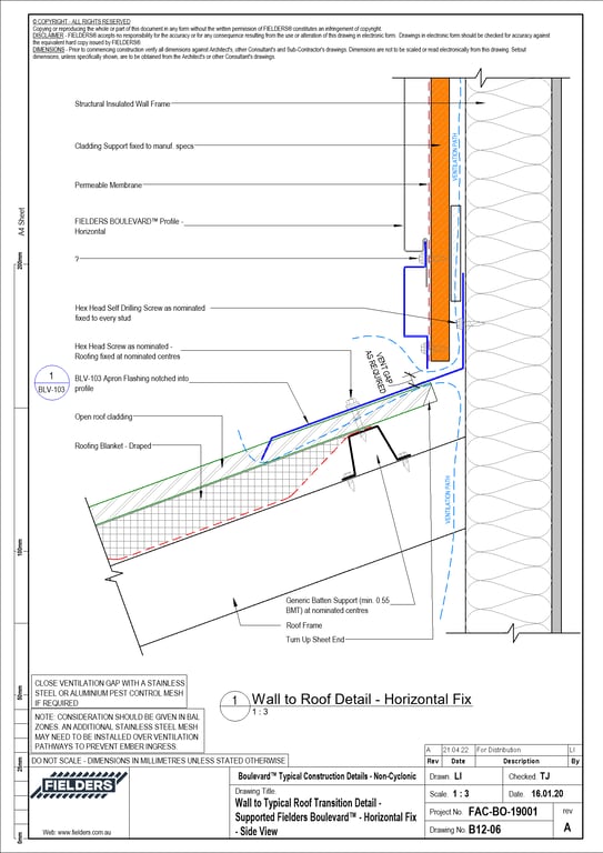Navigate to B12-06 - Wall to Typical Roof Transition Detail - Supported Fielders Boulevard™ - Horizontal Fix - Side View