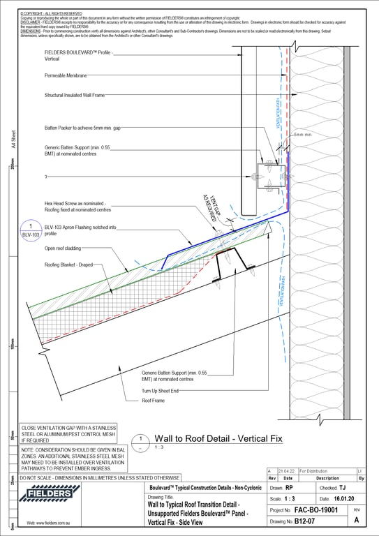  Image of B12-07 - Wall to Typical Roof Transition Detail - Unsupported Fielders Boulevard™ Panel - Vertical Fix - Side View