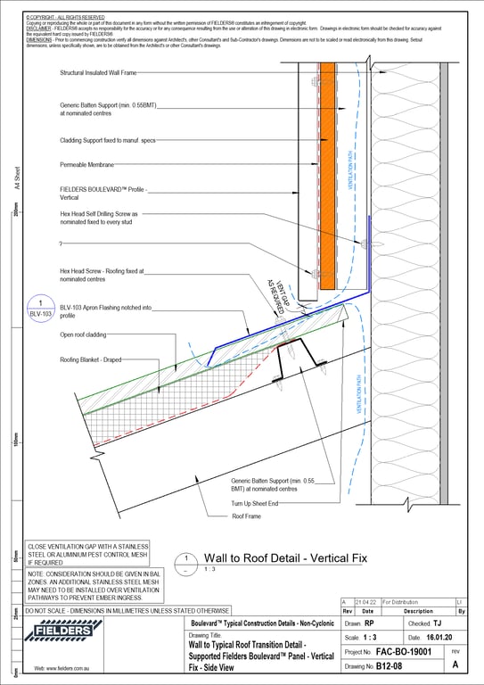 Navigate to B12-08 - Wall to Typical Roof Transition Detail - Supported Fielders Boulevard™ Panel - Vertical Fix - Side View
