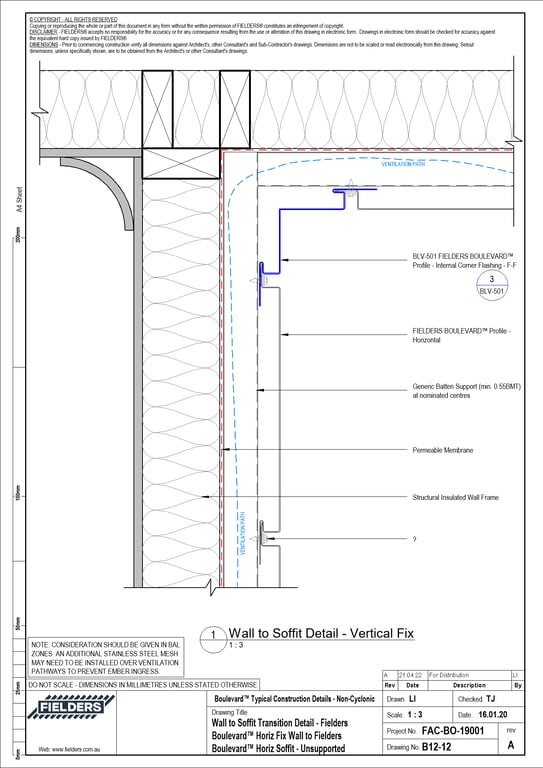 Navigate to B12-12 - Wall to Soffit Transition Detail - Fielders Boulevard™ Horiz Fix Wall to Fielders Boulevard™ Horiz Soffit - Unsupported