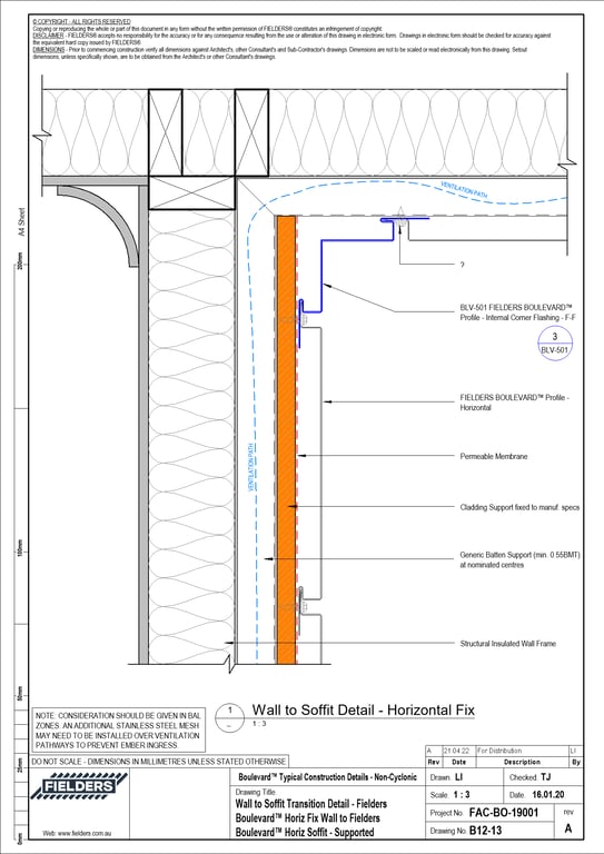 Navigate to B12-13 - Wall to Soffit Transition Detail - Fielders Boulevard™ Horiz Fix Wall to Fielders Boulevard™ Horiz Soffit - Supported