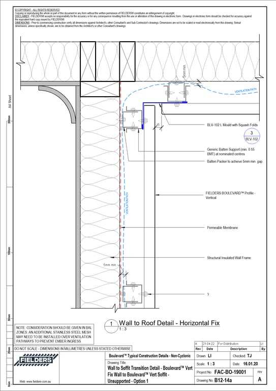 Navigate to B12-14a - Wall to Soffit Transition Detail - Boulevard™ Vert Fix Wall to Boulevard™ Vert Soffit - Unsupported - Option 1