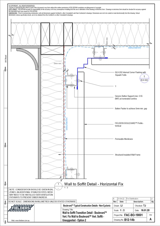 Navigate to B12-14b - Wall to Soffit Transition Detail - Boulevard™ Vert- Fix Wall to Boulevard™ Vert- Soffit - Unsupported - Option 2