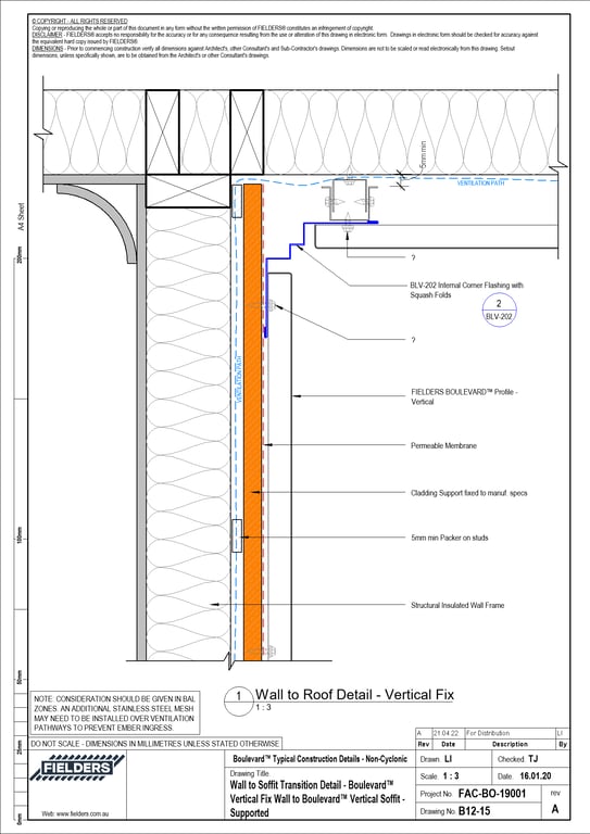  Image of B12-15 - Wall to Soffit Transition Detail - Boulevard™ Vertical Fix Wall to Boulevard™ Vertical Soffit - Supported