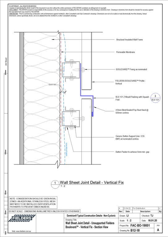  Image of B12-18 - Wall Sheet Joint Detail - Unsupported Fielders Boulevard™ - Vertical Fix - Section View