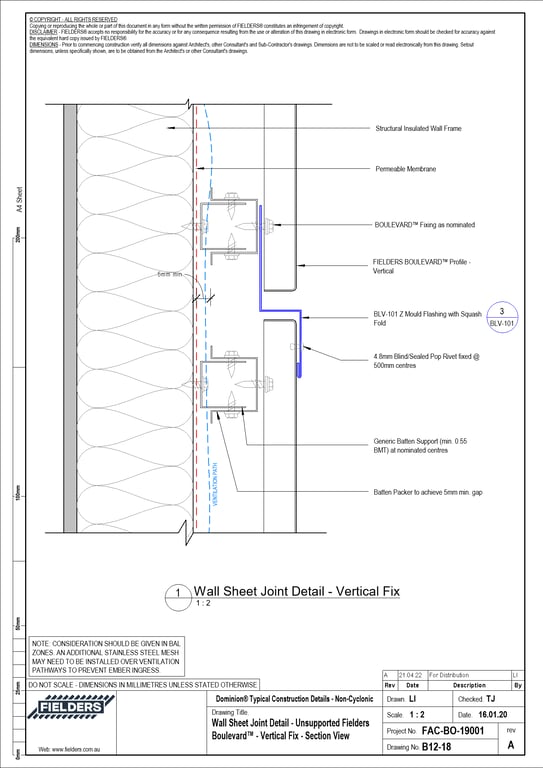 Navigate to B12-18 - Wall Sheet Joint Detail - Unsupported Fielders Boulevard™ - Vertical Fix - Section View