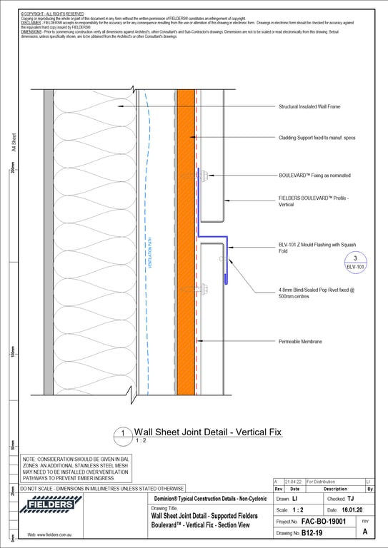  Image of B12-19 - Wall Sheet Joint Detail - Supported Fielders Boulevard™ - Vertical Fix - Section View