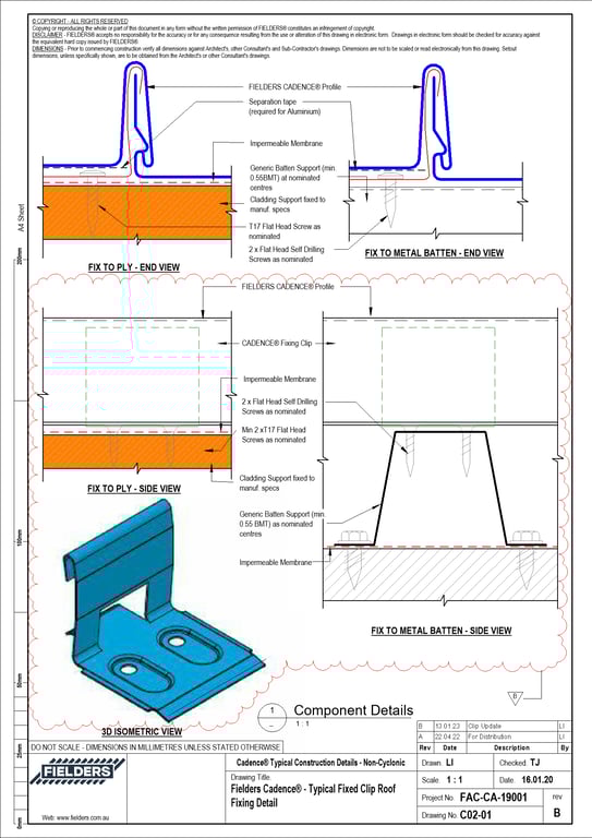 Navigate to C02-01 - Fielders Cadence® - Typical Fixed Clip Roof Fixing Detail