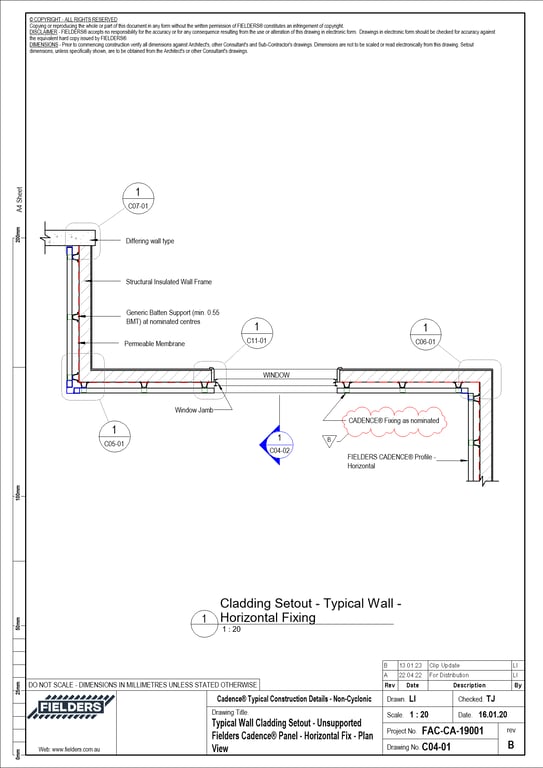  Image of C04-01 - Typical Wall Cladding Setout - Unsupported Fielders Cadence® Panel - Horizontal Fix - Plan View