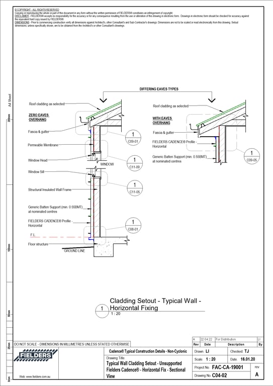 Navigate to C04-02 - Typical Wall Cladding Setout - Unsupported Fielders Cadence® - Horizontal Fix - Sectional View