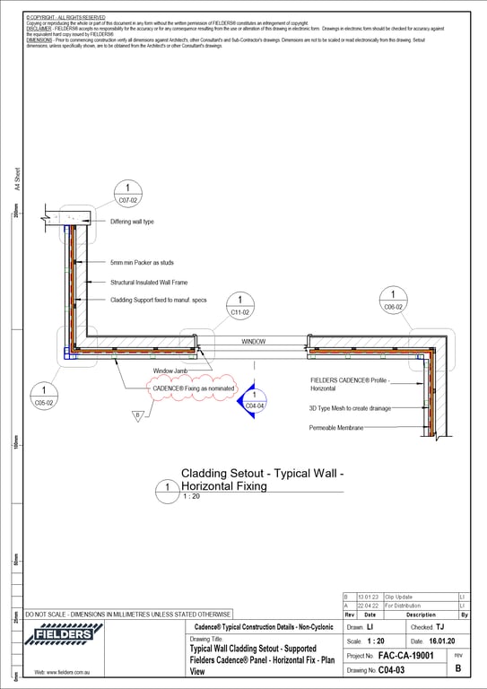  Image of C04-03 - Typical Wall Cladding Setout - Supported Fielders Cadence® Panel - Horizontal Fix - Plan View