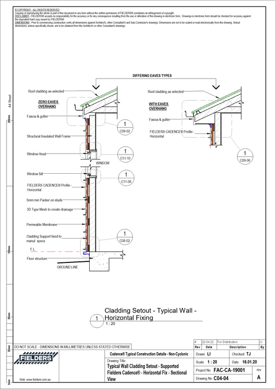 Navigate to C04-04 - Typical Wall Cladding Setout - Supported Fielders Cadence® - Horizontal Fix - Sectional View