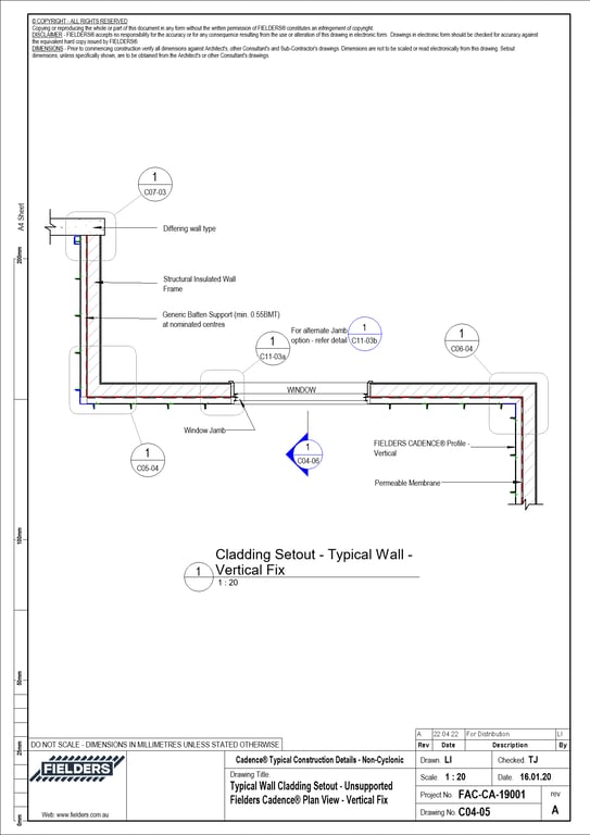 Navigate to C04-05 - Typical Wall Cladding Setout - Unsupported Fielders Cadence® Plan View - Vertical Fix