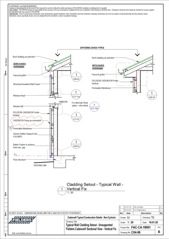 Navigate to C04-06 - Typical Wall Cladding Setout - Unsupported Fielders Cadence® Sectional View - Vertical Fix