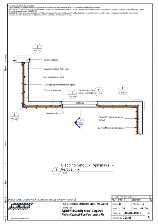 Navigate to C04-07 - Typical Wall Cladding Setout - Supported Fielders Cadence® Plan View - Vertical Fix