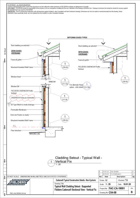 Navigate to C04-08 - Typical Wall Cladding Setout - Supported Fielders Cadence® Sectional View - Vertical Fix