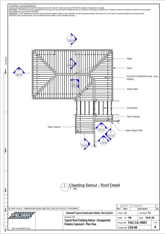  Image of C04-09 - Typical Roof Cladding Setout - Unsupported Fielders Cadence® - Plan View