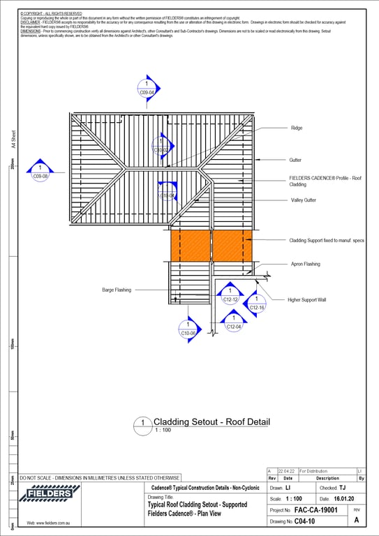 C04-10 - Typical Roof Cladding Setout - Supported Fielders Cadence® - Plan View