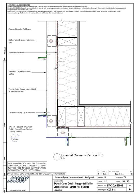 Navigate to C05-04 - External Corner Detail - Unsupported Fielders Cadence® Panel - Vertical Fix - Underlap Underlap