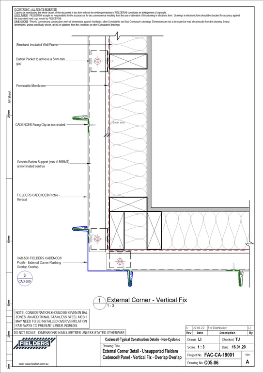 Navigate to C05-06 - External Corner Detail - Unsupported Fielders Cadence® Panel - Vertical Fix - Overlap Overlap