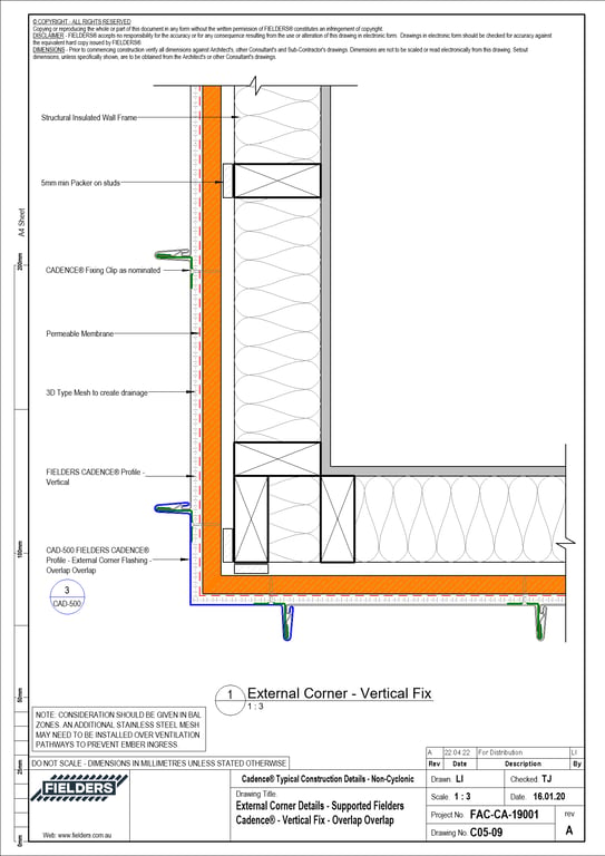  Image of C05-09 - External Corner Details - Supported Fielders Cadence® - Vertical Fix - Overlap Overlap