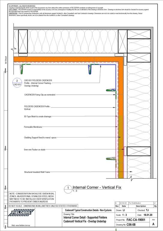 Image of C06-08 - Internal Corner Detail - Supported Fielders Cadence® Vertical Fix - Overlap Underlap