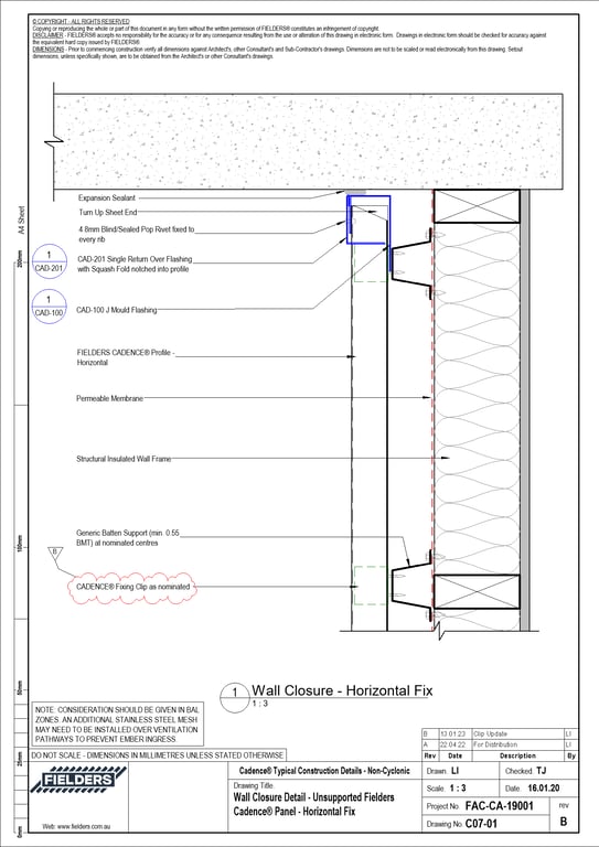Navigate to C07-01 - Wall Closure Detail - Unsupported Fielders Cadence® Panel - Horizontal Fix