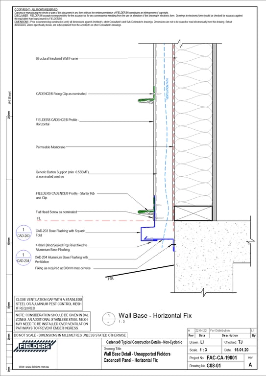 Navigate to C08-01 - Wall Base Detail - Unsupported Fielders Cadence® Panel - Horizontal Fix