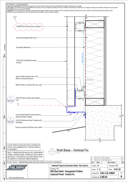  Image of C08-03 - Wall Base Detail - Unsupported Fielders Cadence® Panel - Vertical Fix