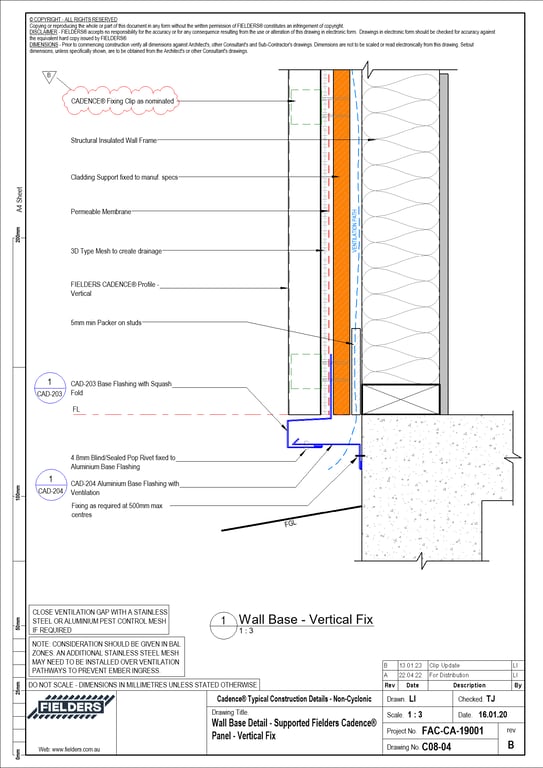 Image of C08-04 - Wall Base Detail - Supported Fielders Cadence® Panel - Vertical Fix