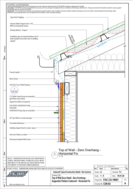 Navigate to C09-02 - Top of Wall Eave Detail - Zero Overhang - Supported Fielders Cadence® - Horizontal Fix
