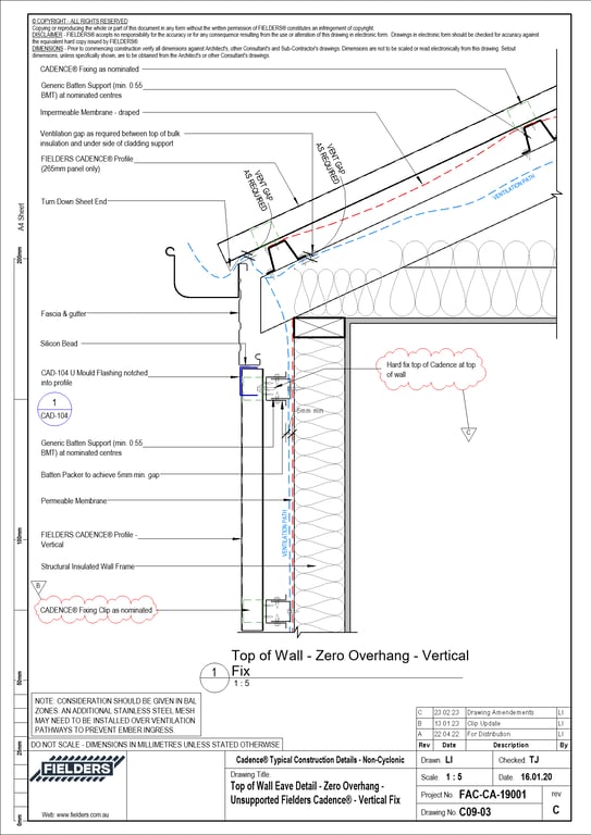  Image of C09-03 - Top of Wall Eave Detail - Zero Overhang - Unsupported Fielders Cadence® - Vertical Fix