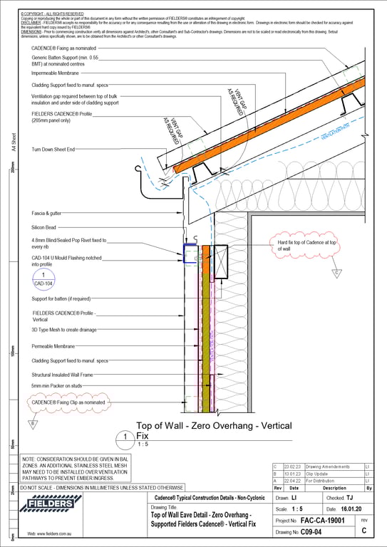 Navigate to C09-04 - Top of Wall Eave Detail - Zero Overhang - Supported Fielders Cadence® - Vertical Fix