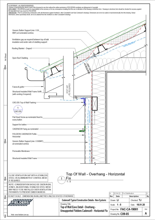  Image of C09-05 - Top of Wall Eave Detail - Overhang - Unsupported Fielders Cadence® - Horizontal Fix