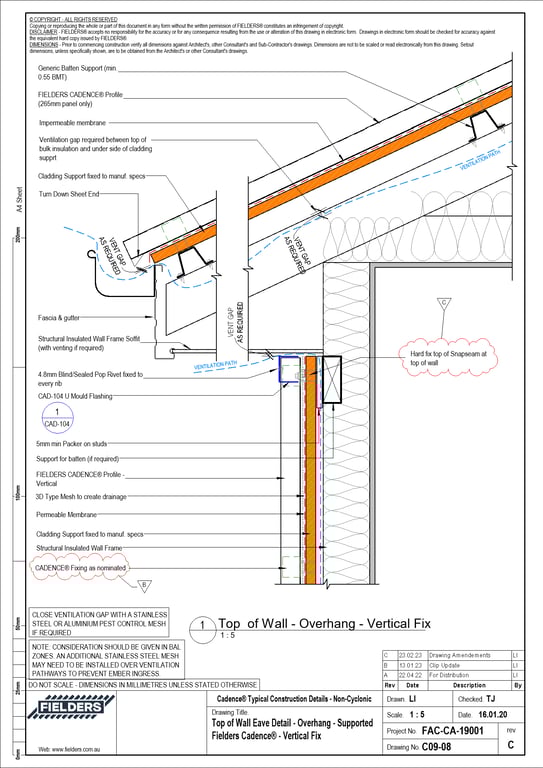 Image of C09-08 - Top of Wall Eave Detail - Overhang - Supported Fielders Cadence® - Vertical Fix