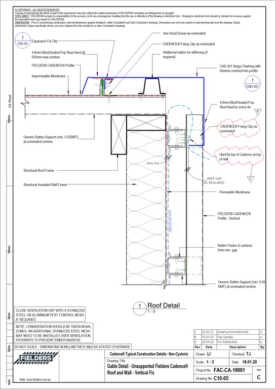 Navigate to C10-05 - Gable Detail - Unsupported Fielders Cadence® Roof and Wall - Vertical Fix