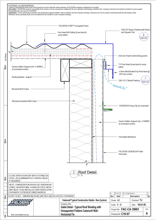  Image of C10-07 - Gable Detail - Typical Roof Sheeting with Unsupported Fielders Cadence® Wall - Horizontal Fix