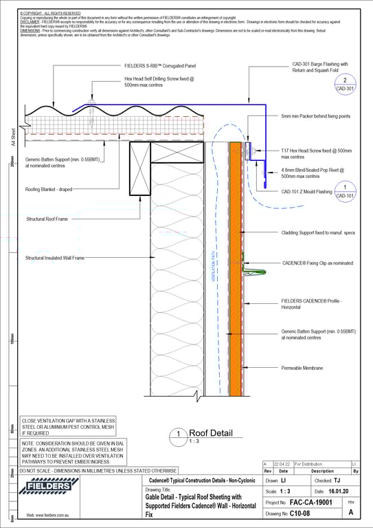 Navigate to C10-08 - Gable Detail - Typical Roof Sheeting with Supported Fielders Cadence® Wall - Horizontal Fix
