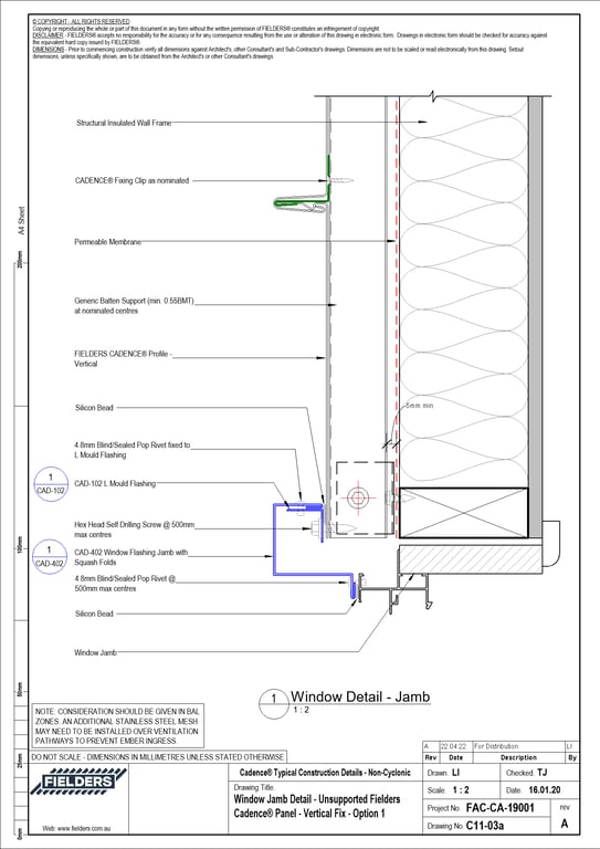 Navigate to C11-03a - Window Jamb Detail - Unsupported Fielders Cadence® Panel - Vertical Fix - Option 1