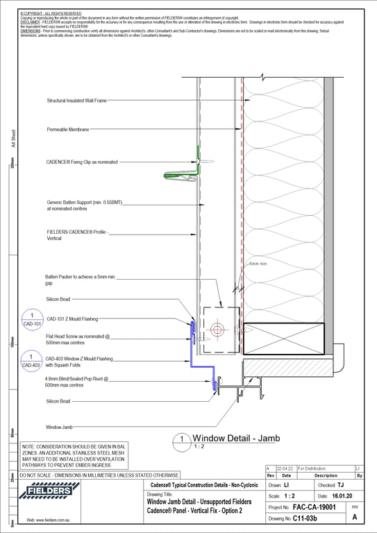  Image of C11-03b - Window Jamb Detail - Unsupported Fielders Cadence® Panel - Vertical Fix - Option 2