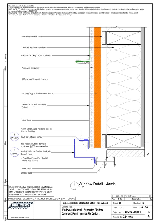 Navigate to C11-04a - Window Jamb Detail - Supported Fielders Cadence® Panel - Vertical Fix Option 1