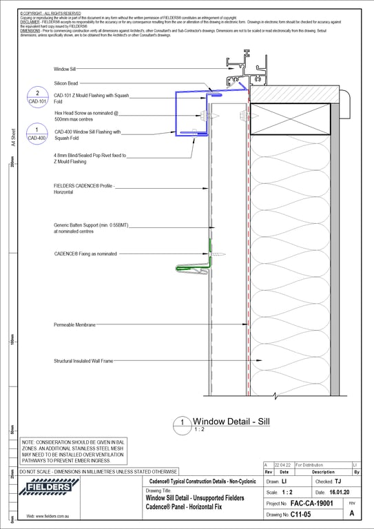  Image of C11-05 - Window Sill Detail - Unsupported Fielders Cadence® Panel - Horizontal Fix